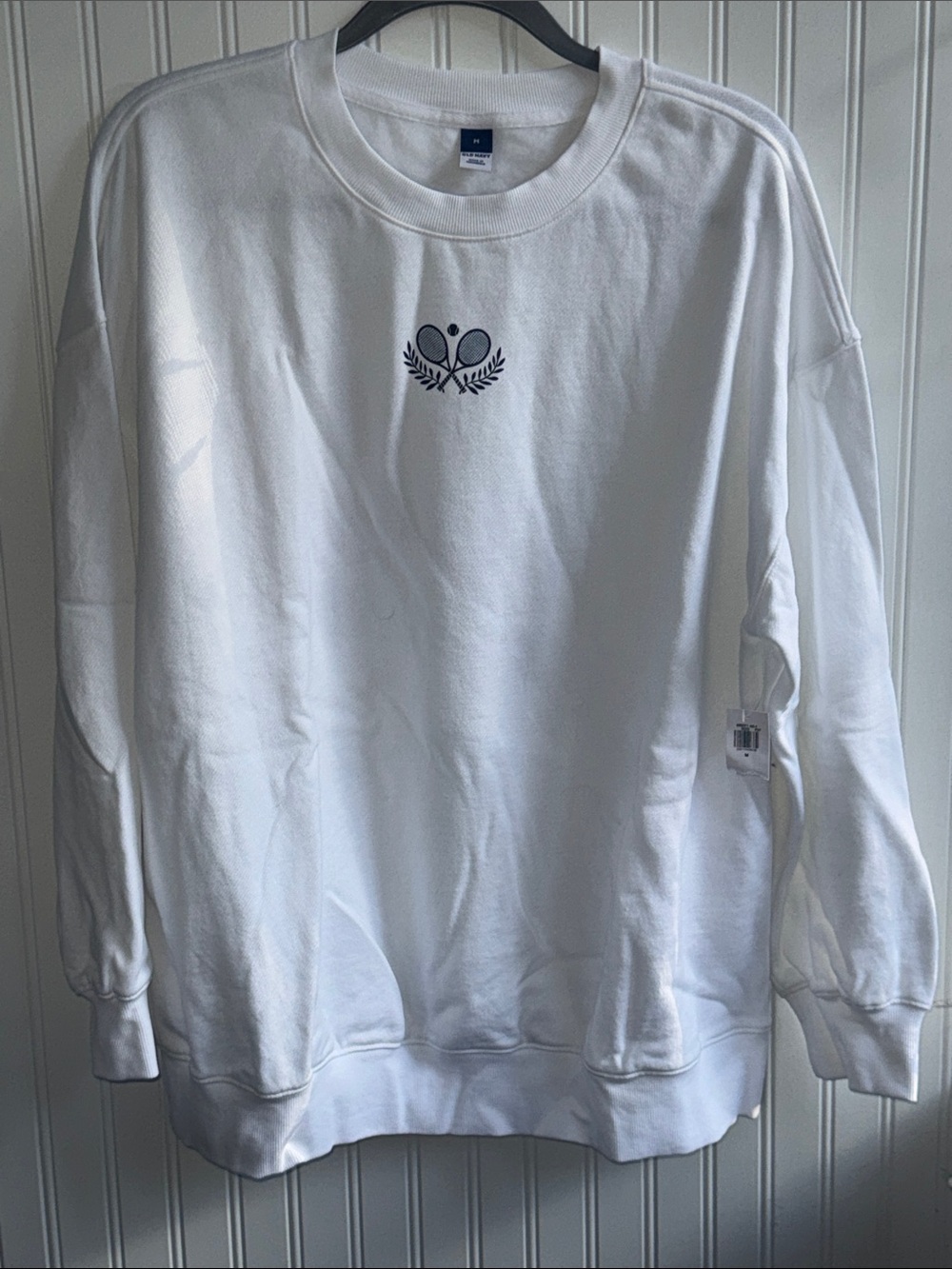 Old Navy White Crewneck Sweatshirt with Navy Tennis Emblem NWT!